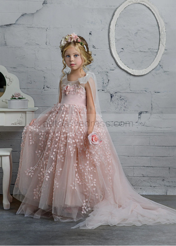 Pink Floral Lace Tulle Dreamy Flower Girl Dress With Train